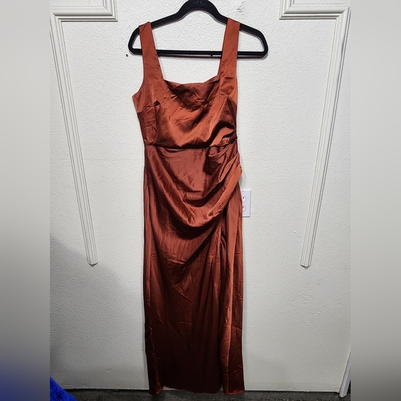 Lulu's Red Carpet Romance Rust Orange Satin Square Neck Maxi Dress L Party - Picture 5 of 12